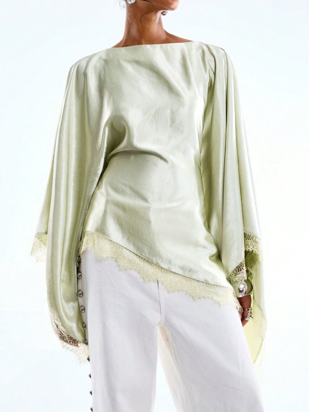 Mint Green Casual Women's Minimalism Elegant Lace Trim Batwing Sleeve Asymmetric